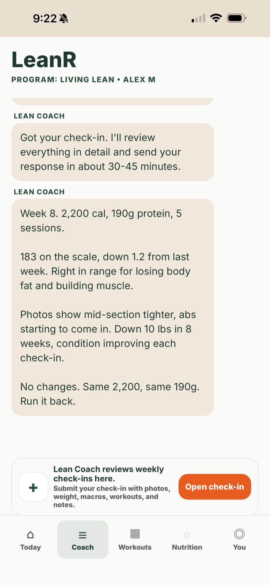 Coach tab with weekly check-in response from Lean Coach