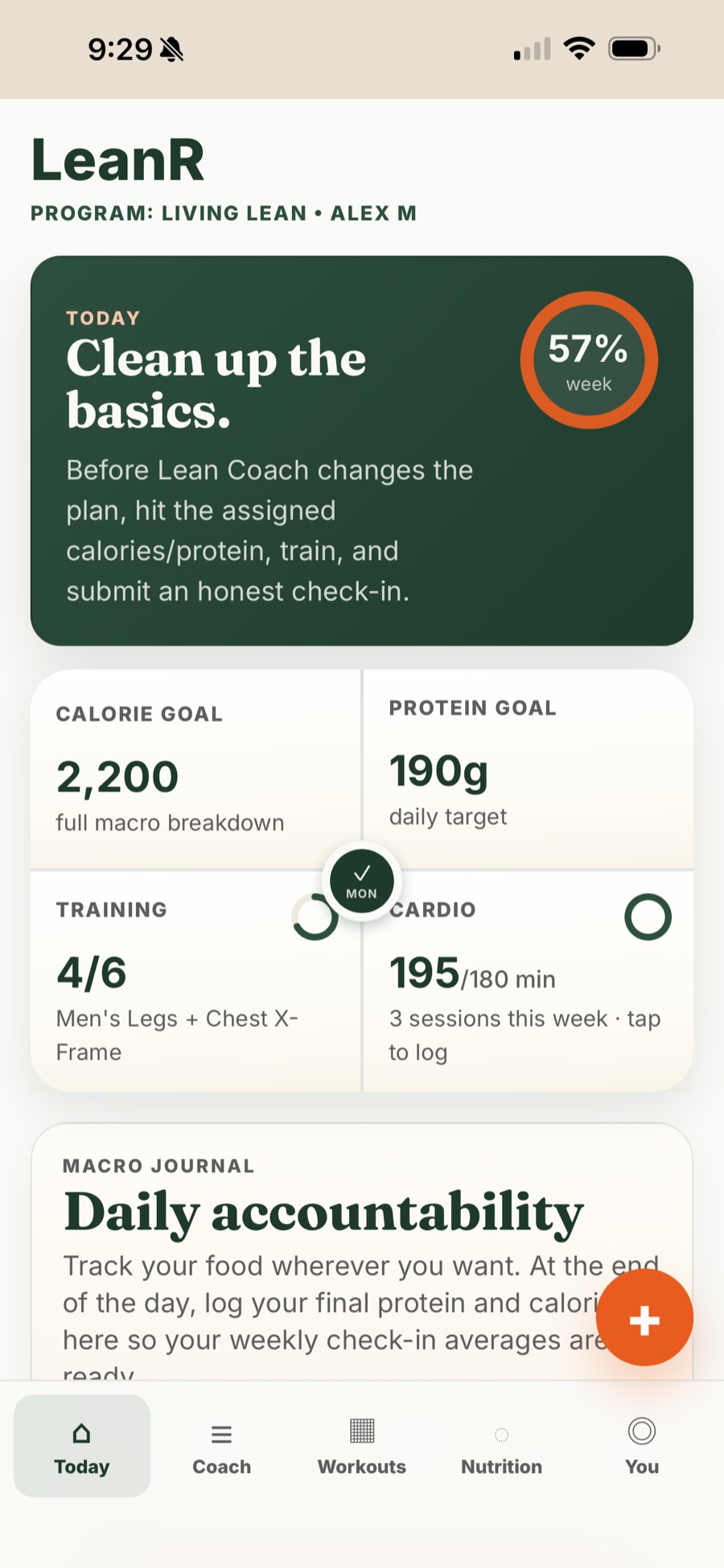Today tab showing calorie and protein goals with training and cardio progress