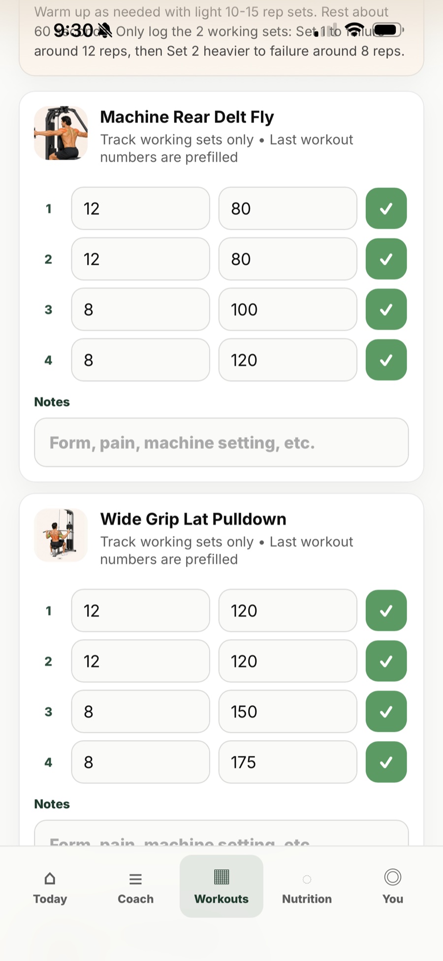 Workouts tab with exercises and set-by-set tracking